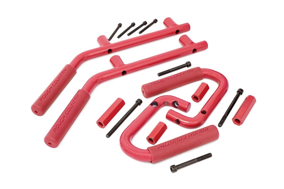 Jeep Wrangler Grab Handles - Front + Rear - Rough Country - Solid Steel - Red - '07-'10